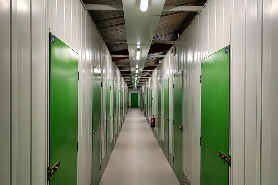 Couloir de box aux portes vertes